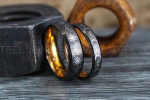 Sun and Moon Rings, Couple Rings, 2 Piece Couple Set Black Tungsten Bands, Matching Wedding Rings, Sun and Moon Wedding Bands, Sun Ring